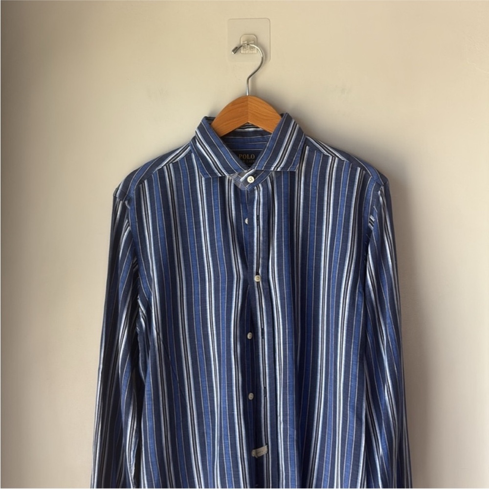 Polo Ralph Lauren 100% Linen Men's Blue Striped Button Up Current Shirt Sz M - Picture 4 of 8